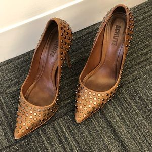 Schutz Cognac Embellished Studded Pumps